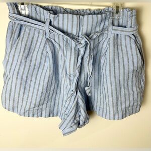 LOFT Women’s Paper Bag Shorts M Linen‎ & Viscose Blue Stripes Casual Lightweight